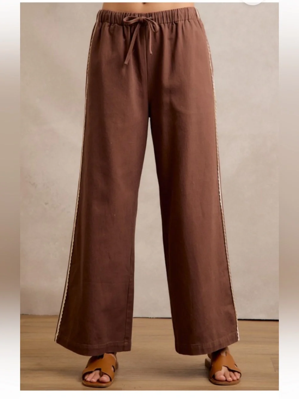 Wide Leg Cotton Lace Trim Elastic Waist Brown Pockets Boho Relaxed Fit Pants